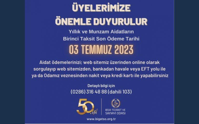 YILLIK ODA AİDATLARI BİRİNCİ TAKSİT ÖDEMELERİ