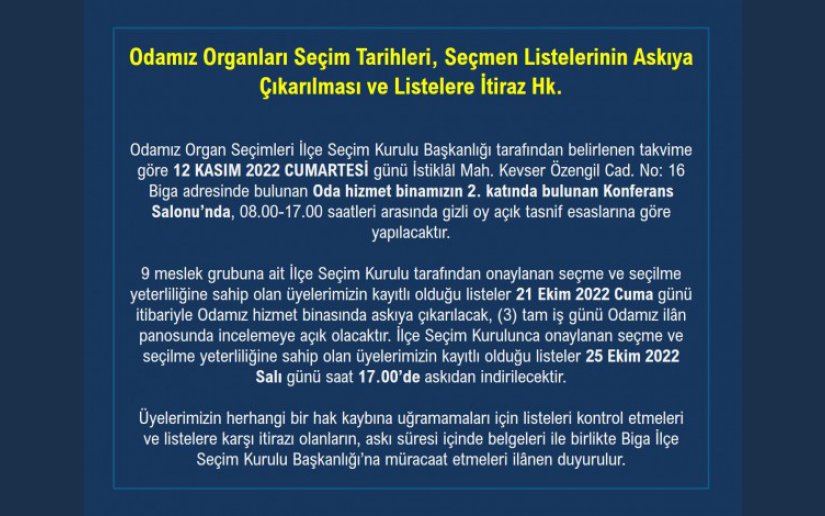 Odamız Organları Seçim Tarihleri, Seçmen Listelerinin Askıya Çıkarılması ve Listelere İtiraz Hk.